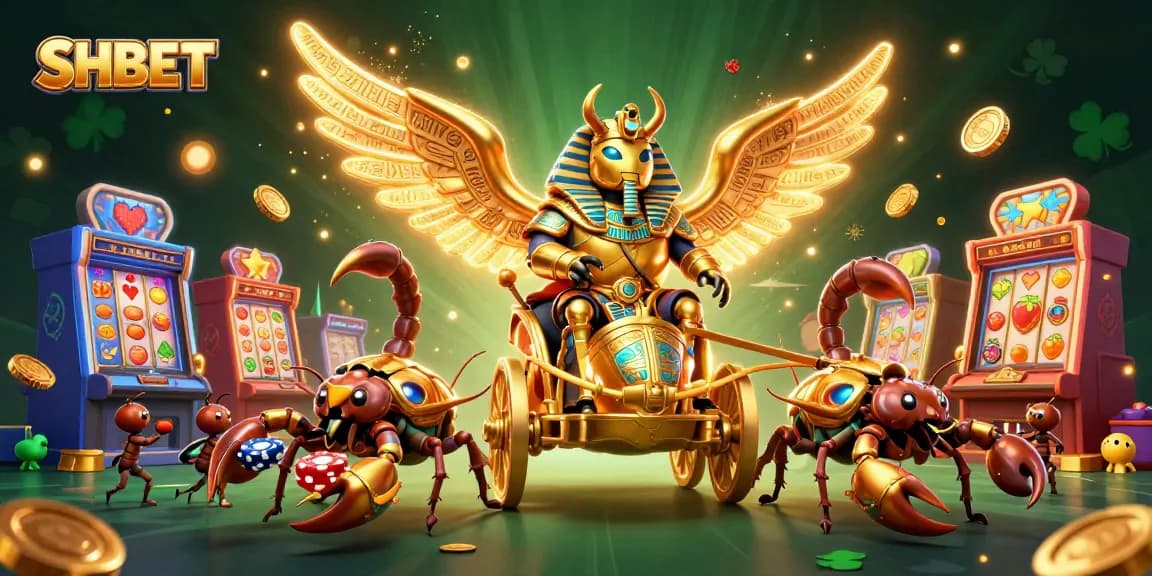 Experience the excitement of SHBET with a colossal golden scarab, scorpions, and vibrant slot elements.