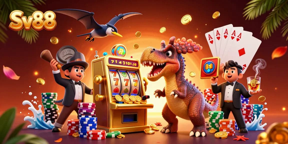 Sv88 slot machine wins with dynamic illustration of casino dinosaurs in action.
