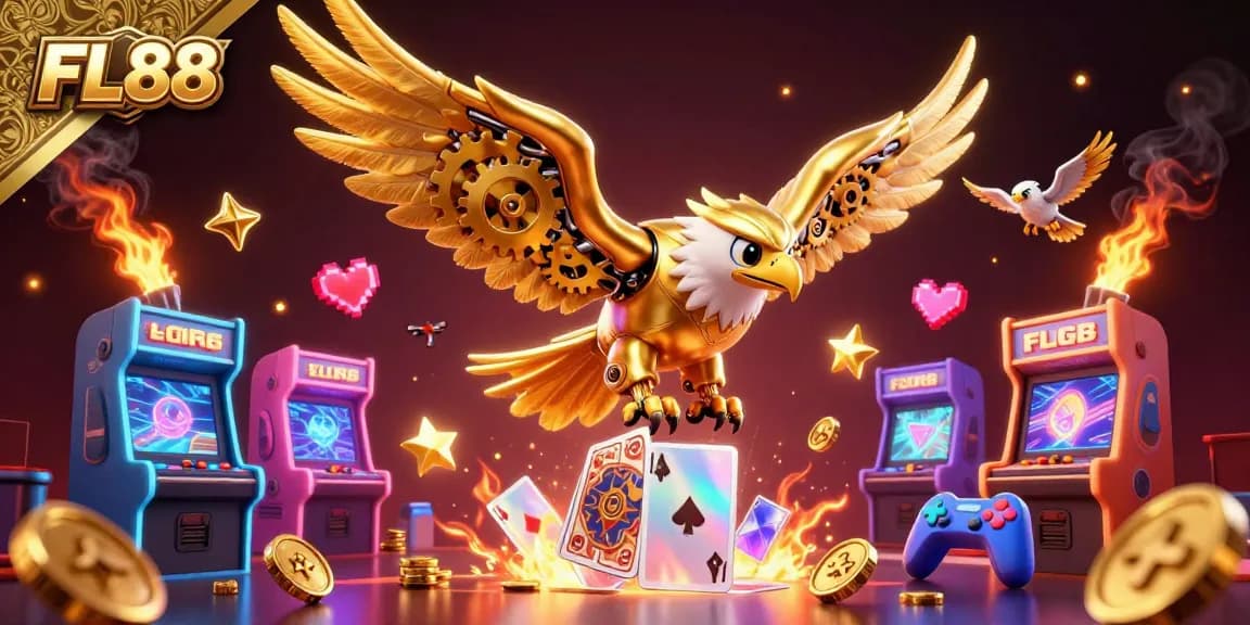 Engage with FL88's immersive gaming experience featuring dynamic 3D characters among colorful casino elements.