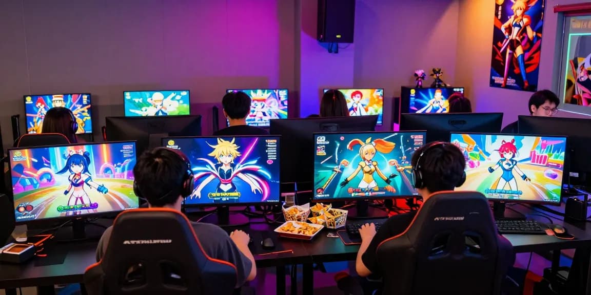 Engaged group playing real ecchi games in a lively gaming lounge with neon lights.