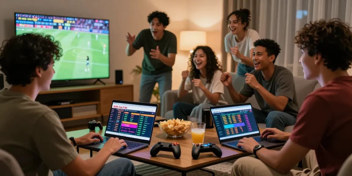Friends enjoying online betting at Nhà Cái F168 in a cozy living room.