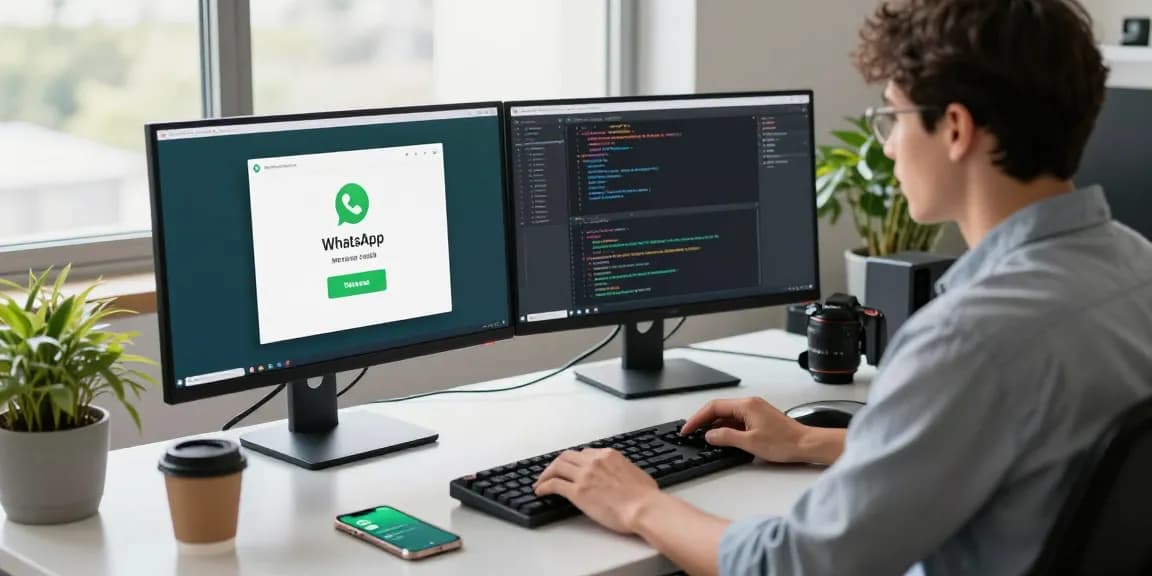Developer in a modern office environment using WhatsApp下載 on dual monitors, showcasing coding activities and tech gadgets.