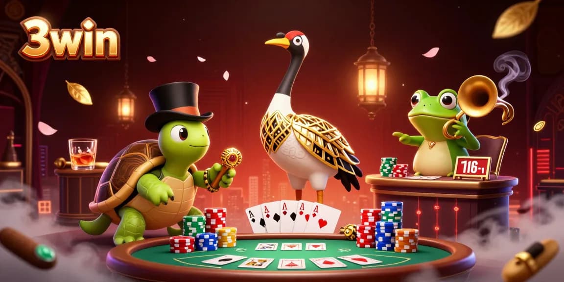 Join the excitement of 3win with a lively casino scene filled with playful characters and vibrant gaming elements.