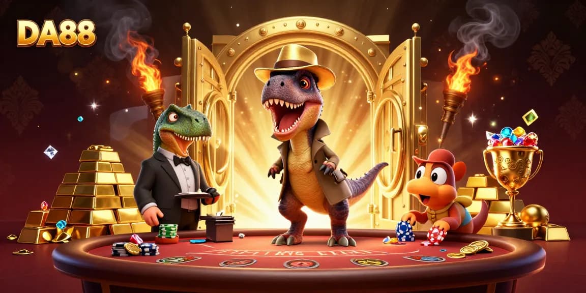DA88's dynamic gambling scene features velociraptors and treasures around a blackjack table.