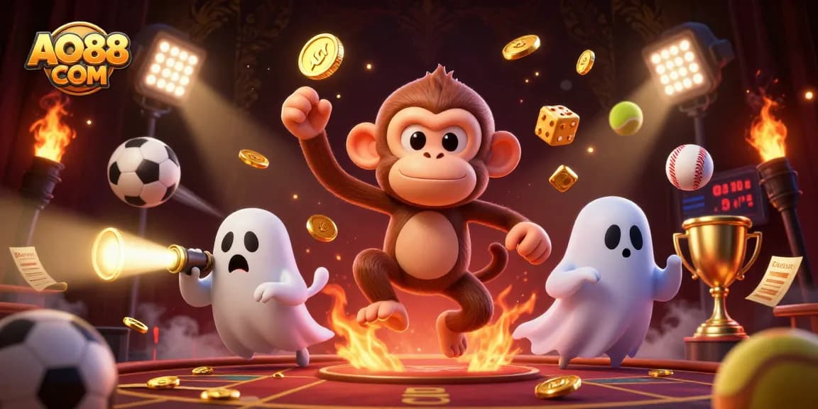 Engage with the lively scene of AO88 COM, where a monkey juggles golden casino items amidst spirited sports action.