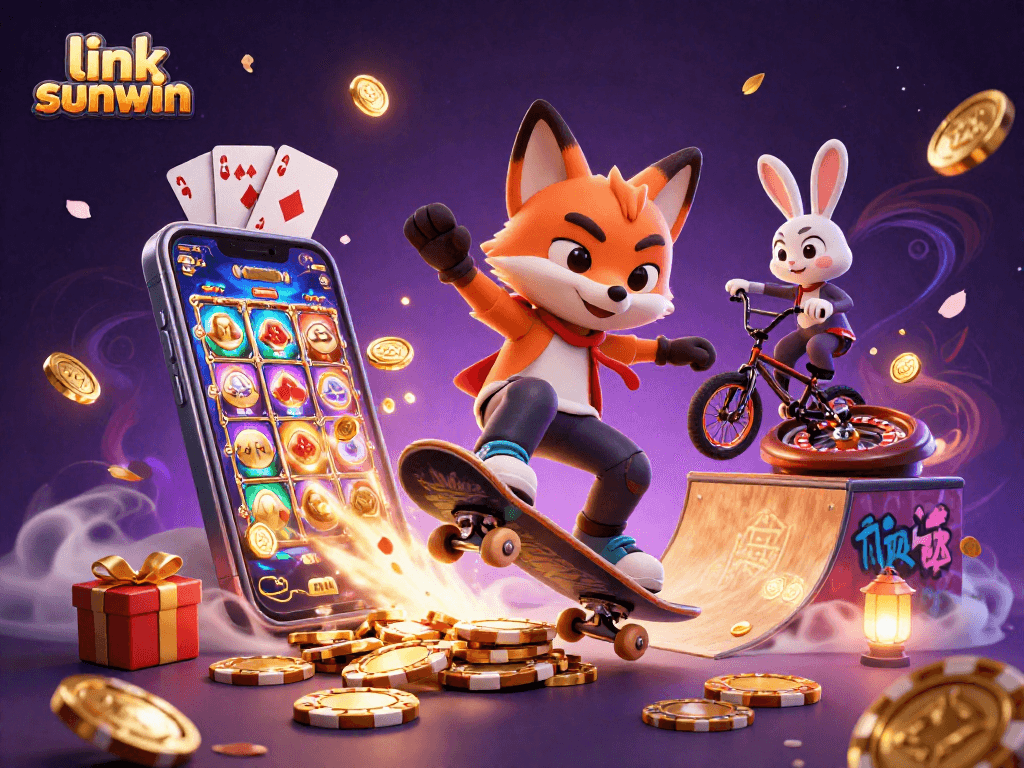 Experience thrilling gameplay with link sunwin as the fox skateboards over poker chips.
