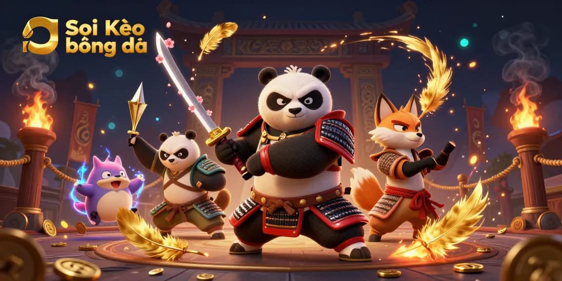 Soi Kèo bóng đá strategic betting visualization with samurai panda and ninja fox in a vibrant 3D arena.