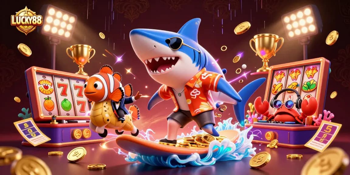LUCKY88 slot adventure with a cartoon shark, seahorse, and DJ crab in a vibrant casino scene.