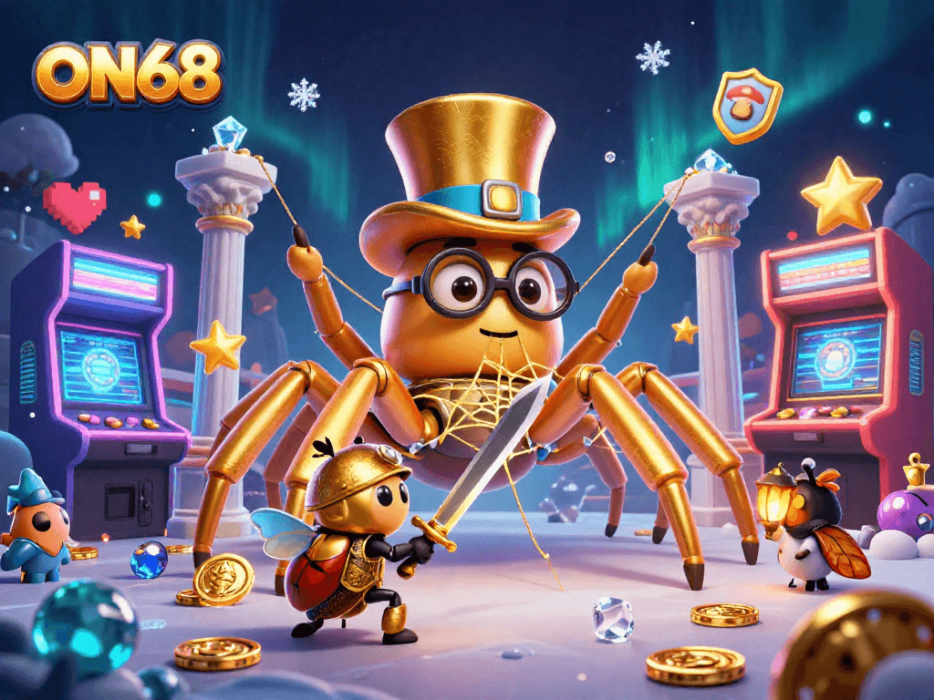 Experience thrilling gaming with ON68's vibrant casino atmosphere featuring dynamic characters.
