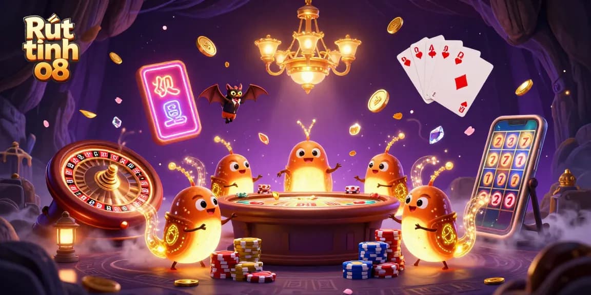 Experience excitement with Rút tiền o8 in this vibrant 3D casino scene, featuring glowworms and a bat dealer.