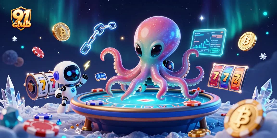 Engage with the vibrant 91 club scene featuring a colorful octopus at a holographic poker table with drifting poker chips.