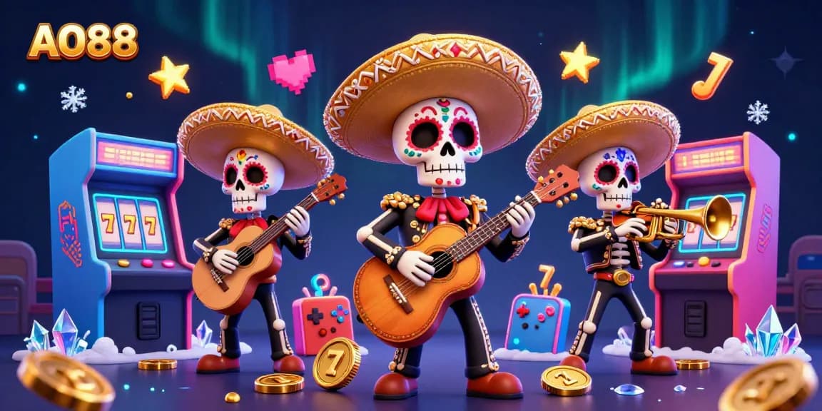 Engaging scene with AO88 and mariachi skeletons celebrating jackpots and arcade games with vibrant colors.
