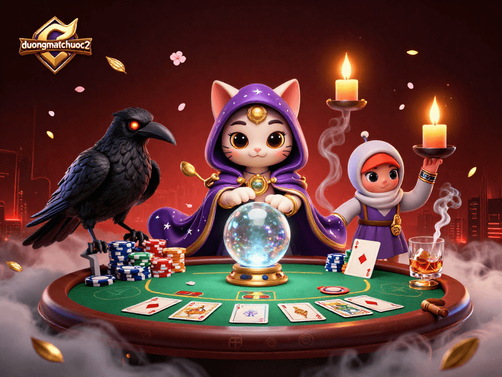 Experience the thrill of duongmatchuoc2 at a vibrant poker table with a fortune teller cat and glowing raven, surrounded by chips and cards.