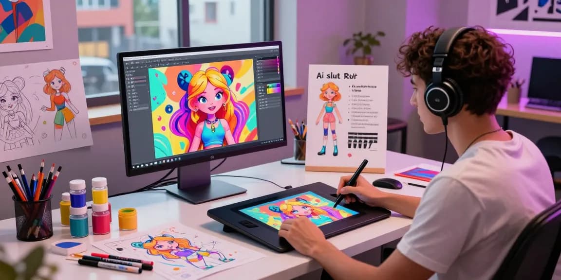 Creating unique AI-generated images of playful characters related to ai slut in a vibrant digital art studio.