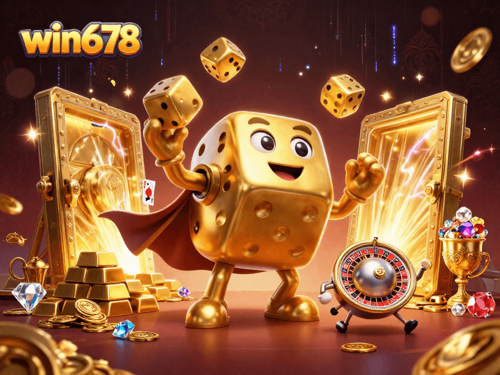 Win678 jackpot excitement illustrated by a golden dice golem juggling dice and shimmering gems