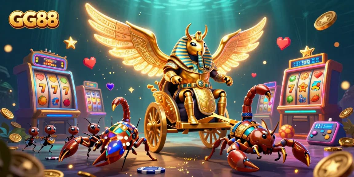 Experience exciting slot games at GG88 with vibrant visuals of a colossal golden scarab beetle and dynamic game elements.