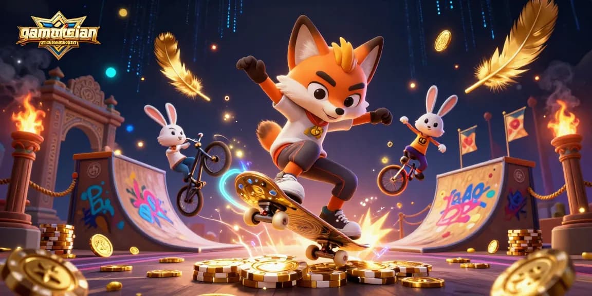 Engage with gamebaidangian's dynamic catcher scene featuring a skateboarder fox and BMX-riding rabbit amidst vibrant gambling icons.