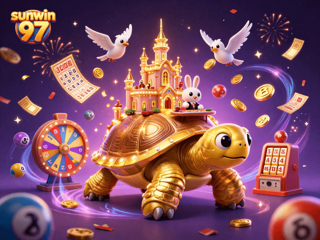 Experience thrilling games at sunwin 97 with a vibrant 3D casino illustration showcasing action and rewards.