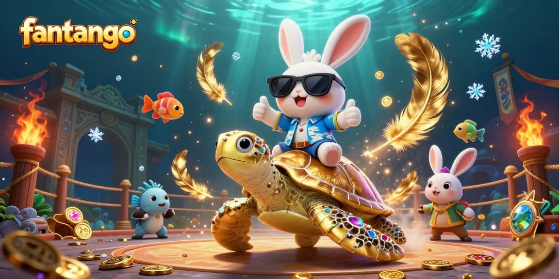 Experience the thrill of fantango with an adorable lucky rabbit and golden sea turtle in a vibrant casino scene.