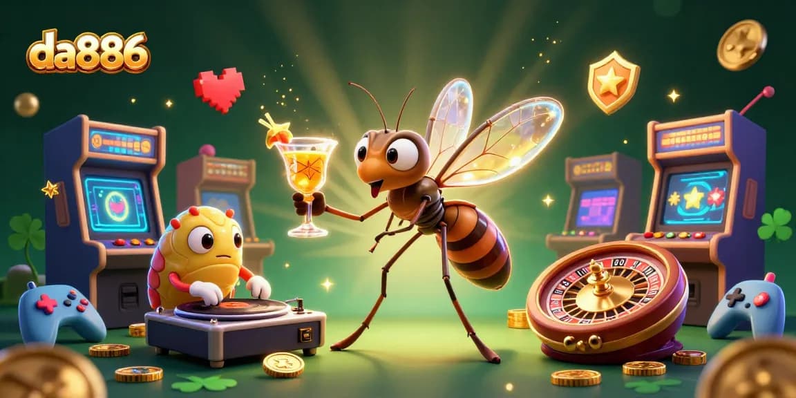 Experience the thrill of da886 with a lively casino mascot surrounded by vibrant game elements.