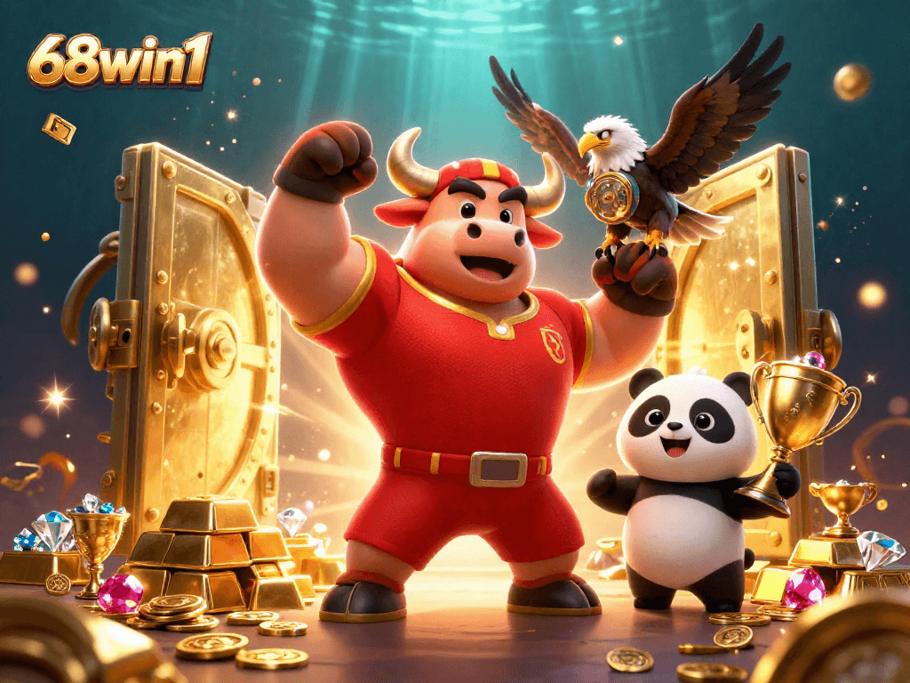 Win big with 68win1 at the casino – a bull mascot celebrates amidst treasure and excitement.