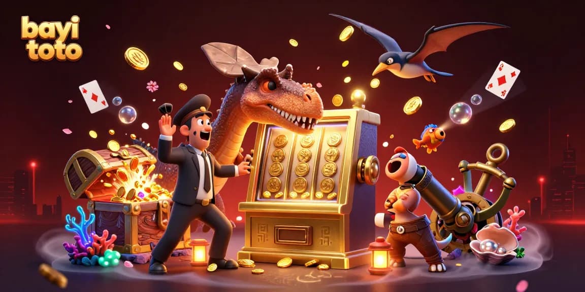 Bayi toto showcases a 3D cartoon pachycephalosaurus winning jackpot coins, creating an exciting online casino atmosphere.