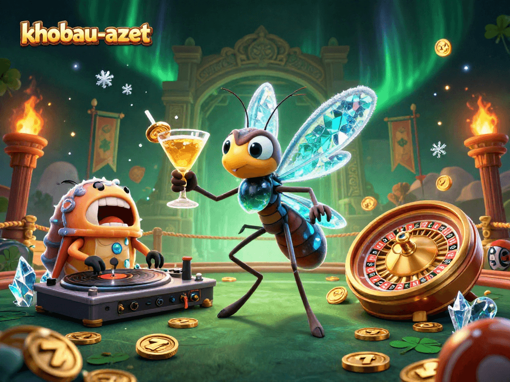 Experience the thrill of khobau-aztec with a lively 3D illustration featuring a mosquito mascot, trilobite DJ, and golden roulette wheel.