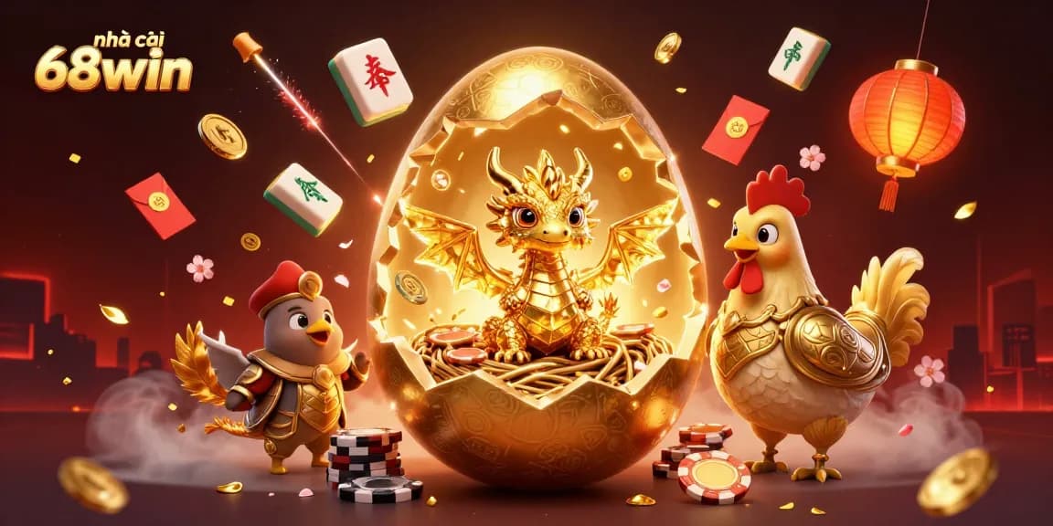 Win big at nhà cái 68win with a dazzling display of gold, poker chips, and festive decorations.