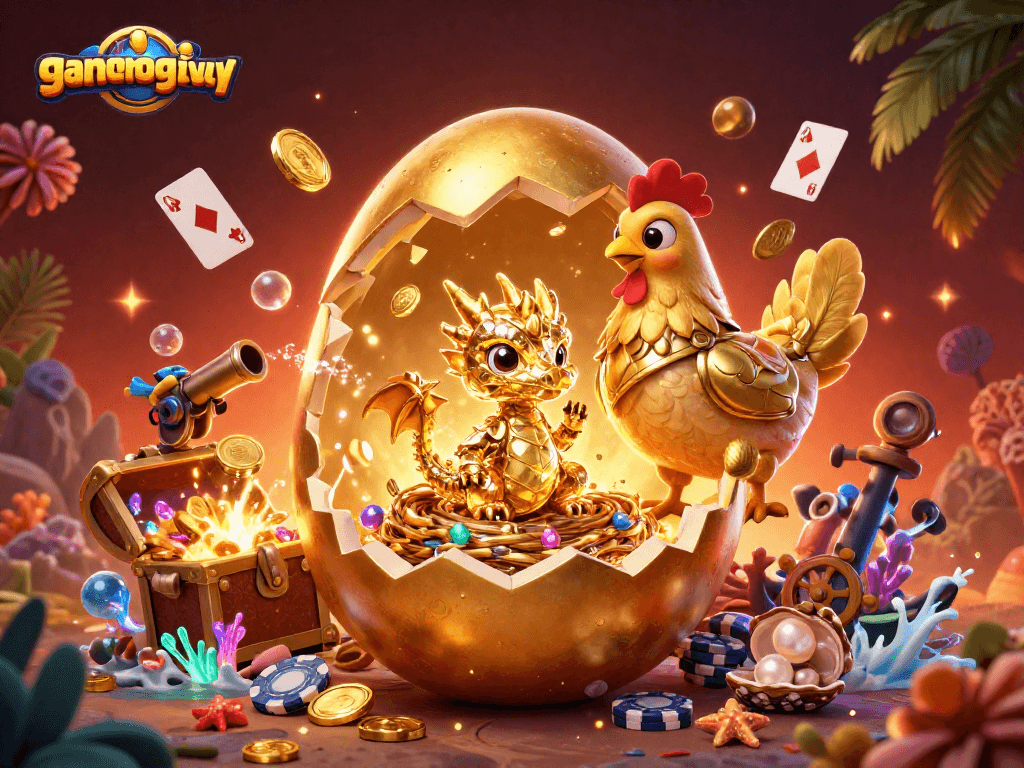 Experience exciting gameplay in gamenongtraivuive with golden dragon and poker chips exploding with coins.