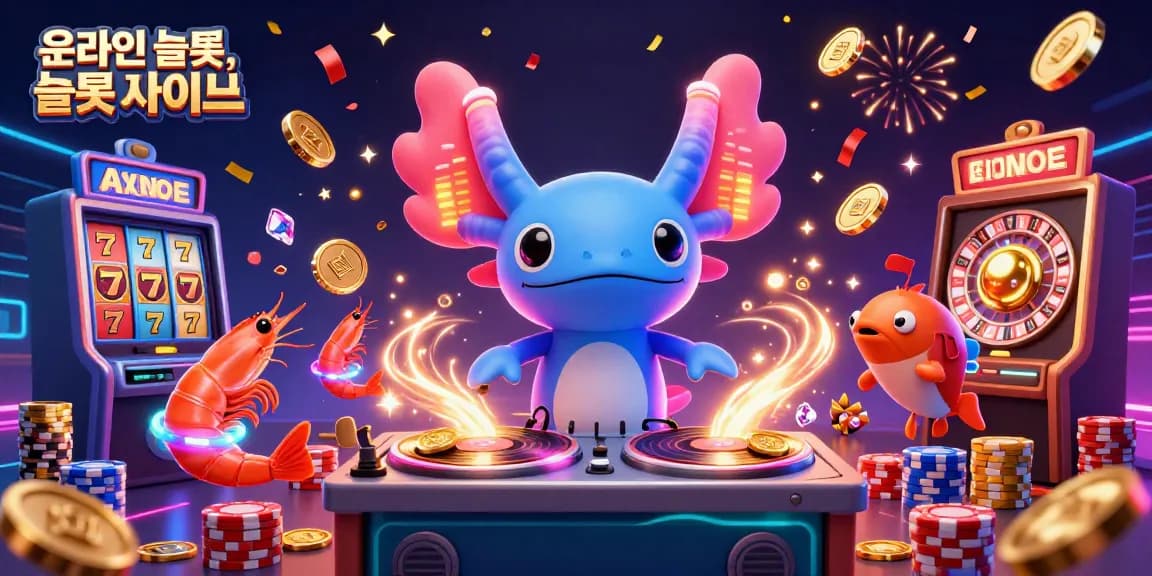 Engaging in online slot games at a vibrant 3D casino with the axolotl DJ, shrimp dancers, and lively game elements. 온라인 슬롯, 슬롯 사이트.