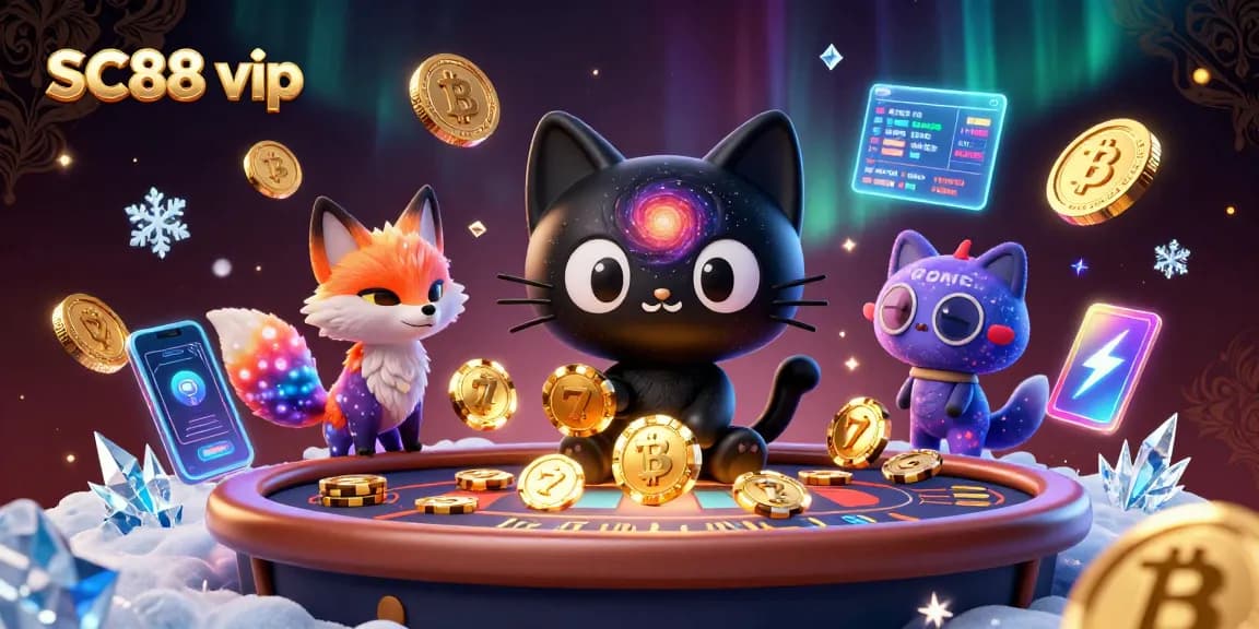 Join the excitement at SC88 vip gaming with a cosmic cat collecting chips in a vibrant casino.