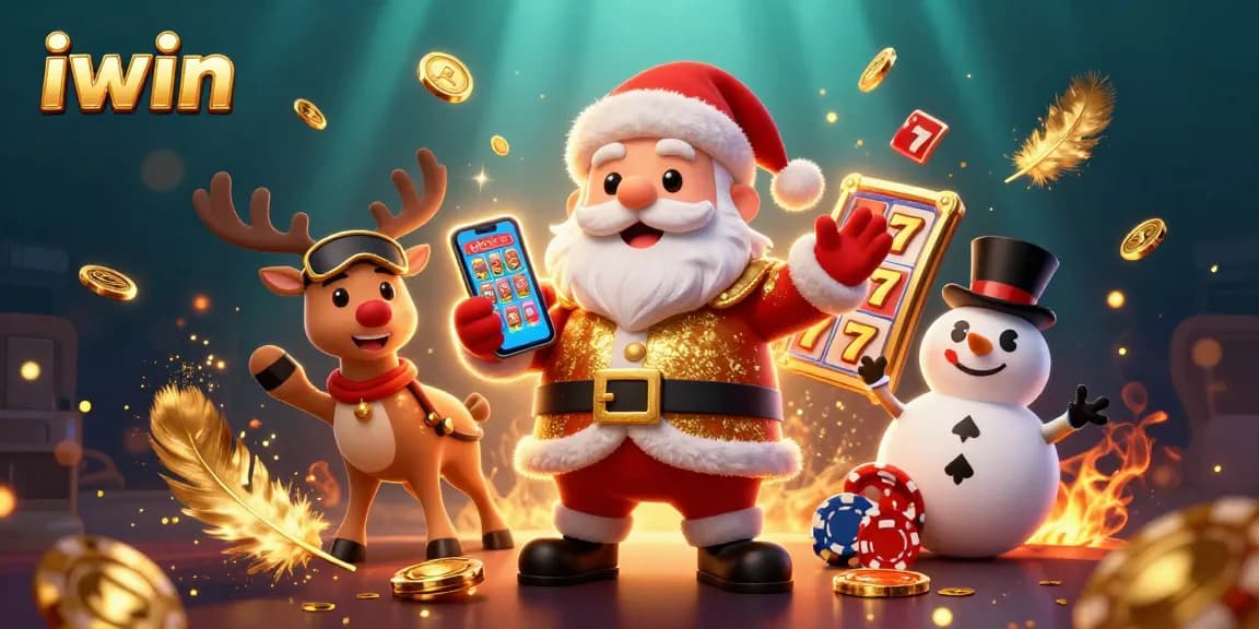 iwin jackpot slots showcase with Santa Claus and friends celebrating in a festive casino