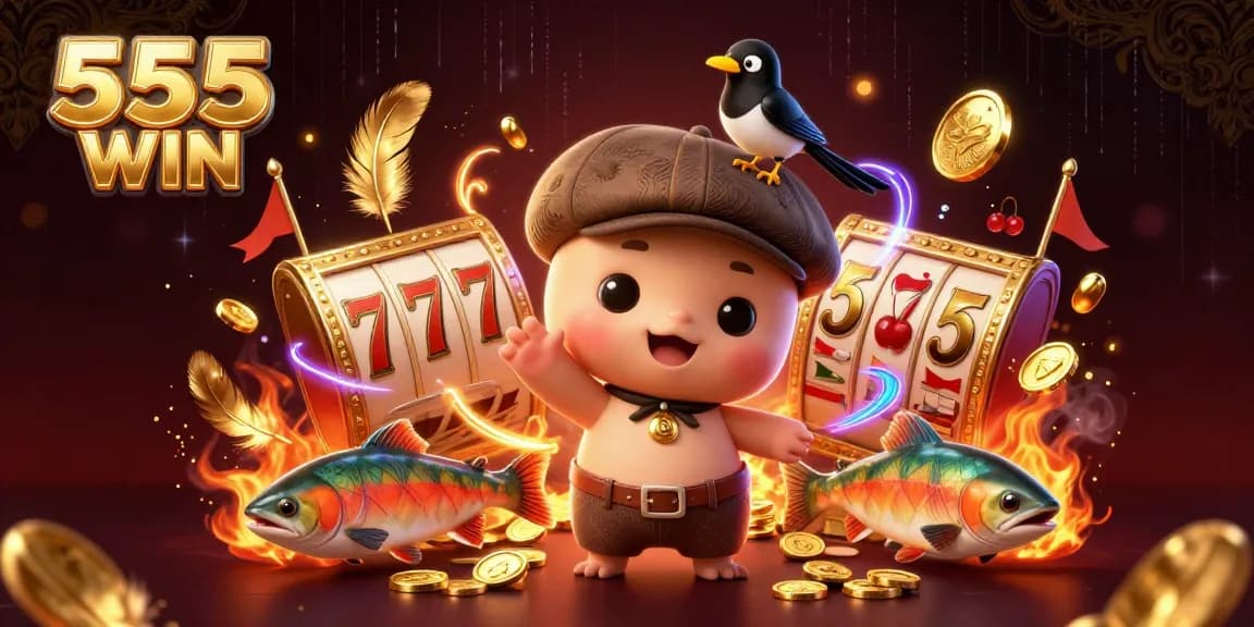Engage in thrilling gameplay with 555 WIN, featuring vibrant characters and dynamic casino elements.