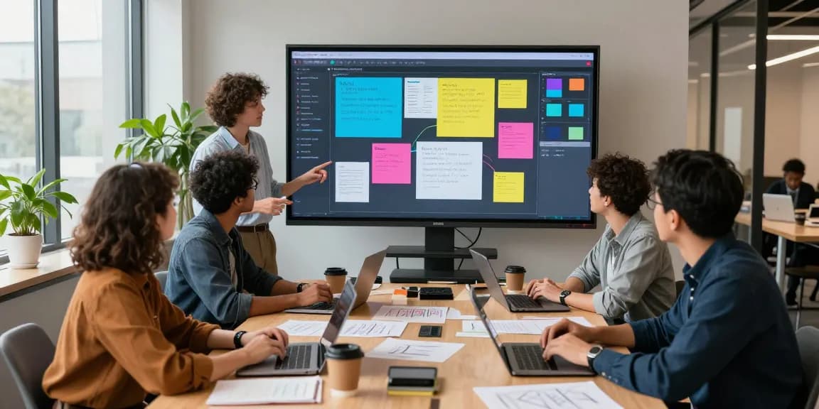 Collaborative team using a mix board to brainstorm ideas in a creative workspace
