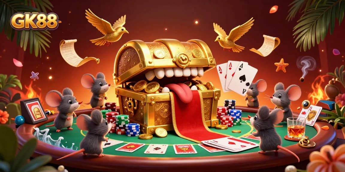 Bet on GK88 with a vibrant scene featuring mice and a treasure chest at a poker table.