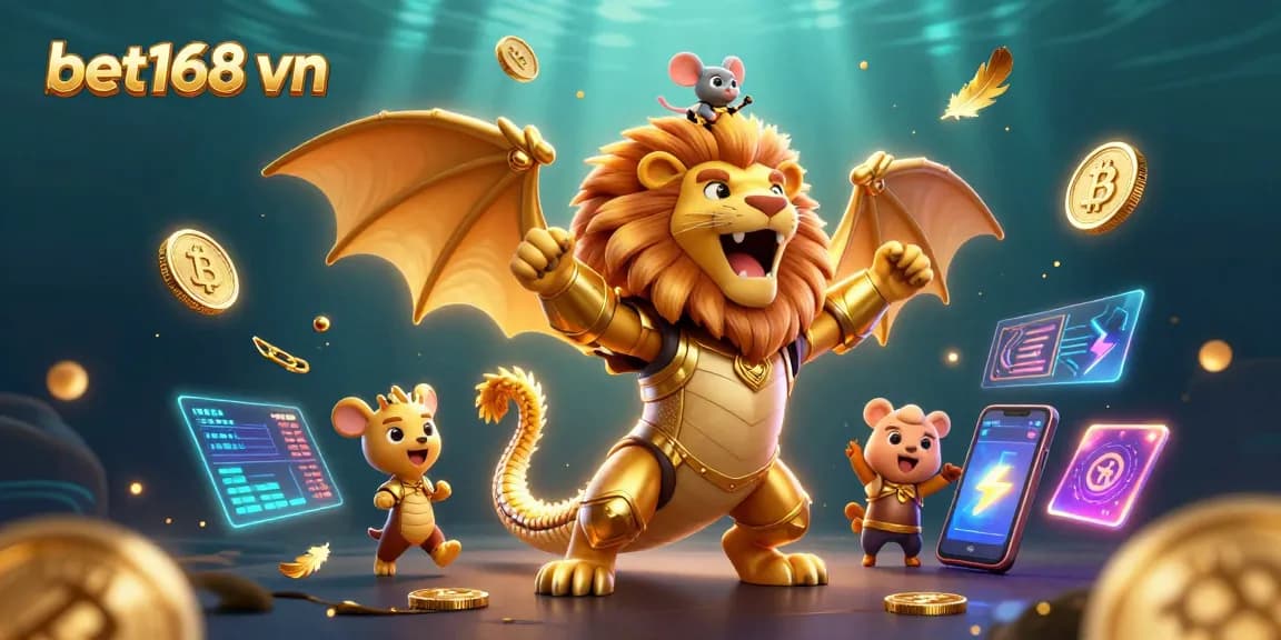 Engage in thrilling gameplay at bet168 vn with a golden chimera and crypto elements illuminating the action.