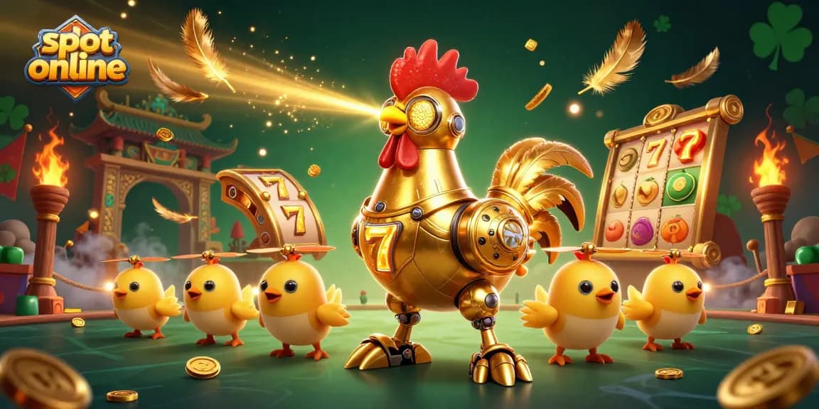 Engage with slot online adventures through dynamic 3D casino illustration featuring golden rooster robot and baby chick drones.