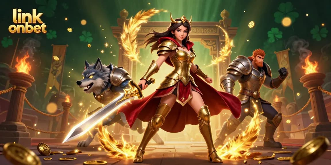 Engage with the dynamic gaming world of link onbet, featuring a warrior queen and an armored wolf in a rich casino scene.