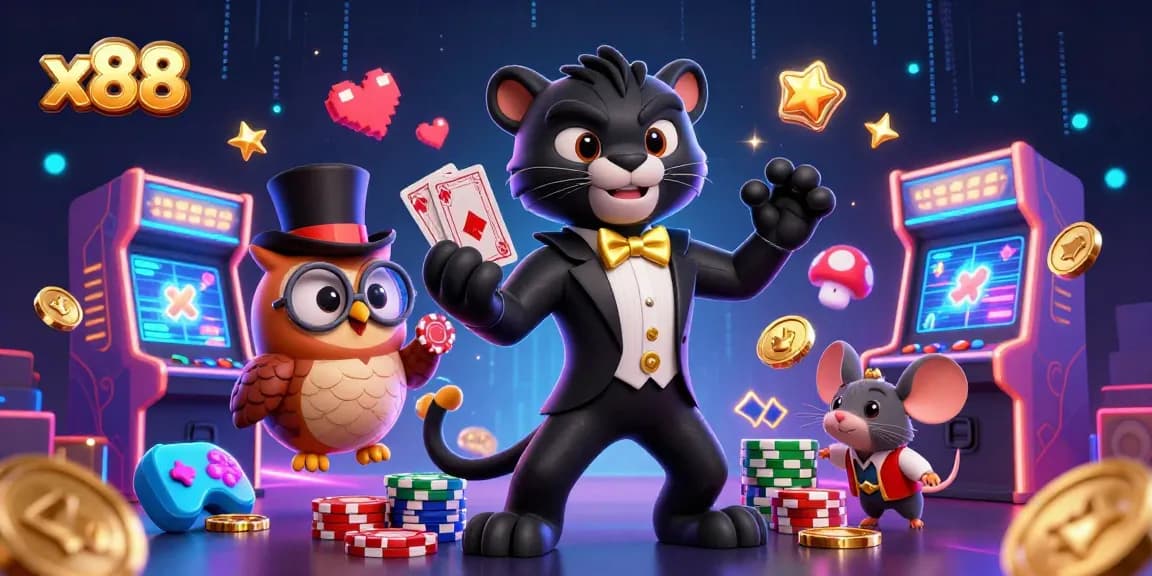 x88 players enjoy a lively casino scene with colorful machines and a black panther dealer.