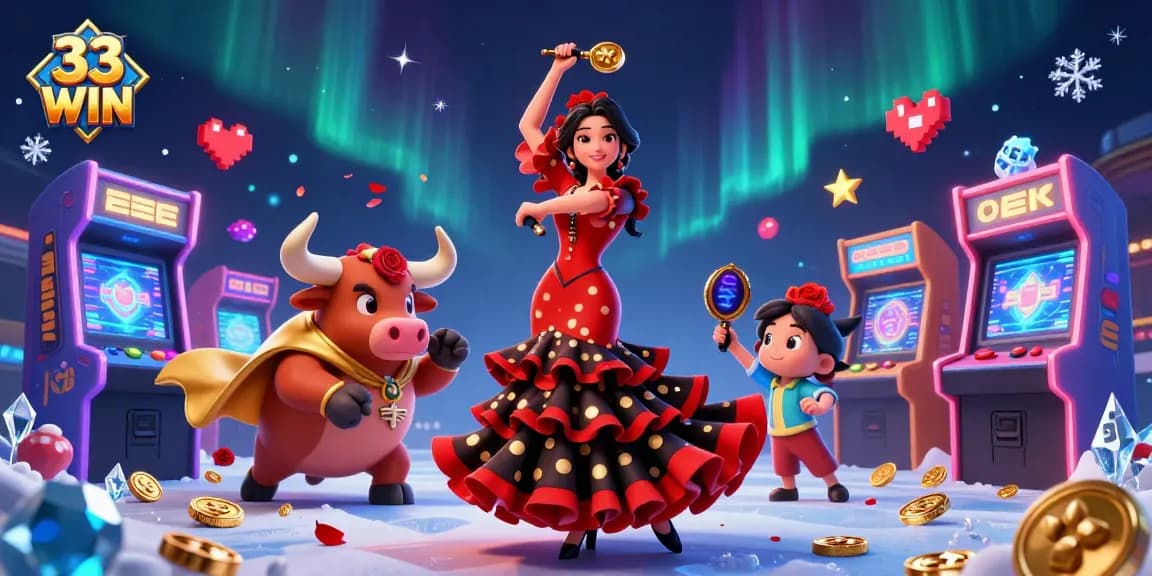 Engage with the thrilling world of casino gaming at 33 WIN, showcasing a vibrant spectacle with a dancing flamenco woman and a fighting bull.