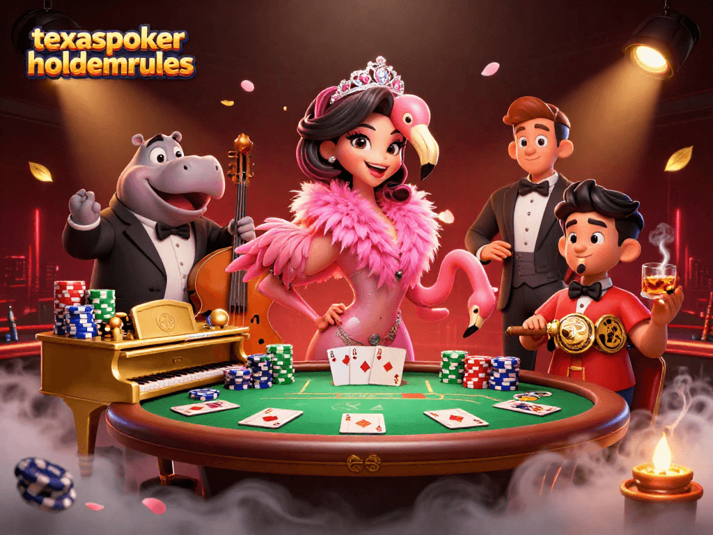 texaspokerholdemrules showcases a vibrant poker scene with animated characters amidst lively gameplay excitement.