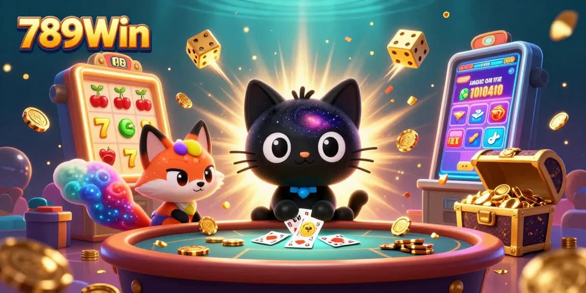 Win at 789Win with a dynamic cosmic casino scene featuring a black hole cat and vibrant elements.