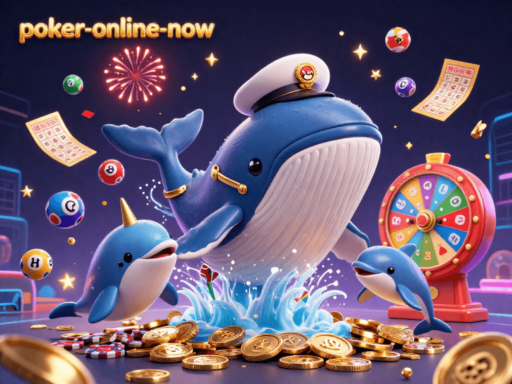 Engage with poker-online-now as a whale and dolphins celebrate with poker chips amidst colorful lottery elements.