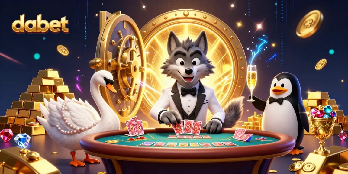 Dabet transforms your baccarat experience with a lively scene of characters at a vibrant casino, showcasing the thrill of card games.
