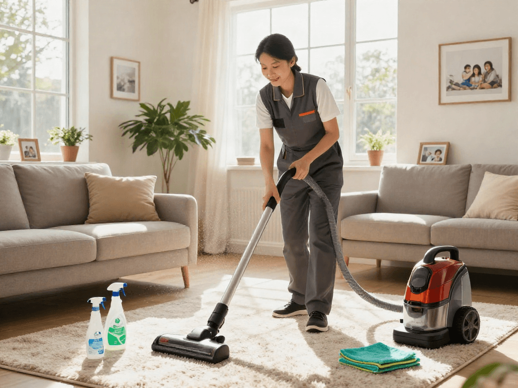 Cleaner using depo 10k for thorough carpet cleaning in a bright living room.