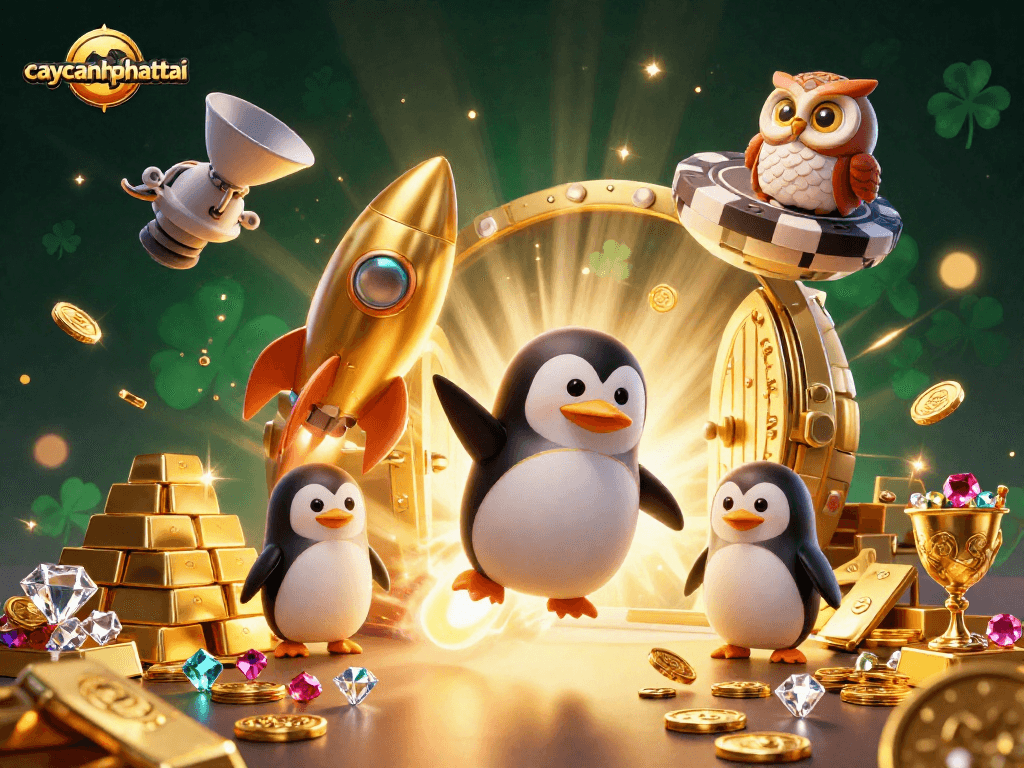 Caycanhphattai showcases a golden penguin propelling through vibrant space toward a casino chip station, enriched with treasures and sparkle.