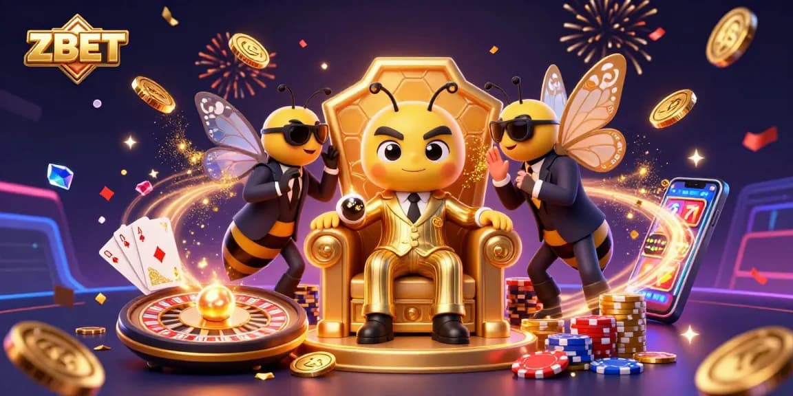 ZBET showcases a vibrant 3D casino scene with a bumblebee mob boss and golden treasures cascading.