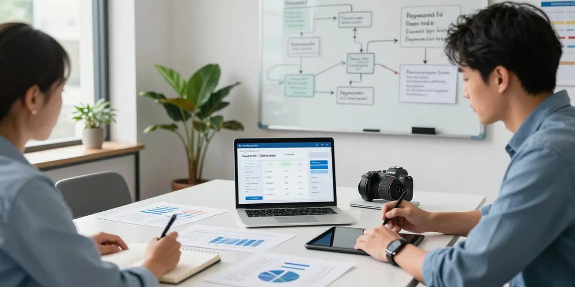 Business professionals discussing an online payment gateway integration during a strategy meeting in a modern office.