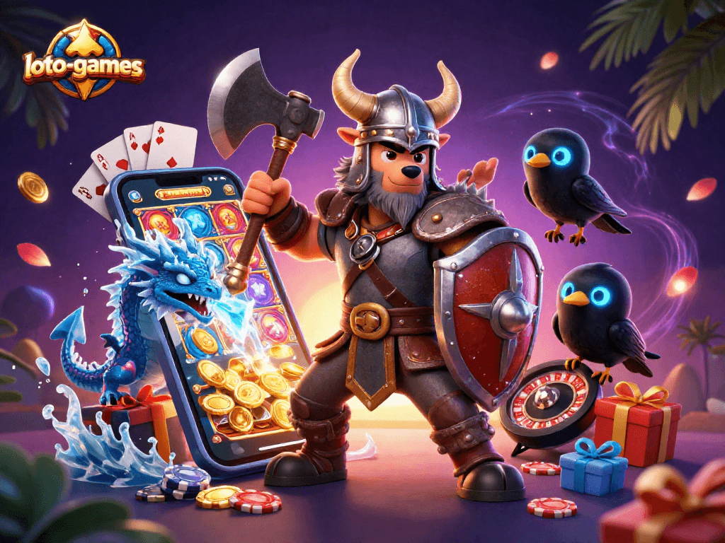 Engage with loto-games through a thrilling 3D battle scene featuring dynamic characters and vibrant casino elements.