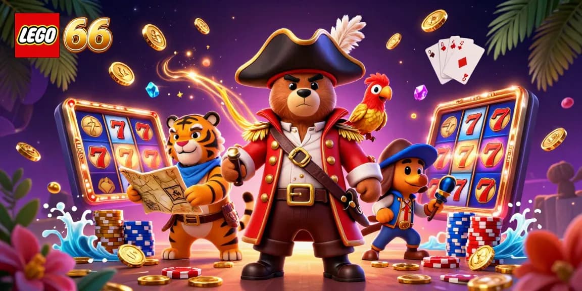 Experience the excitement of Lego66 with a pirate captain bear, lucky slot reels, and dazzling gems in a vibrant casino scene.